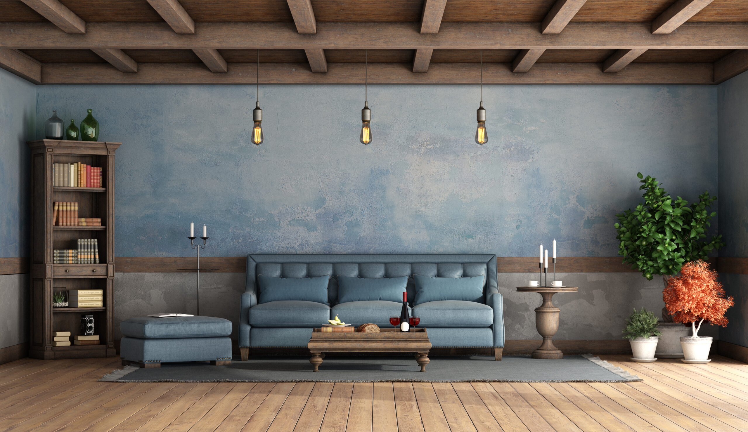 Rustic living room with old walls, blue sofa,footstool, bookcase and wooden ceiling - 3d rendering