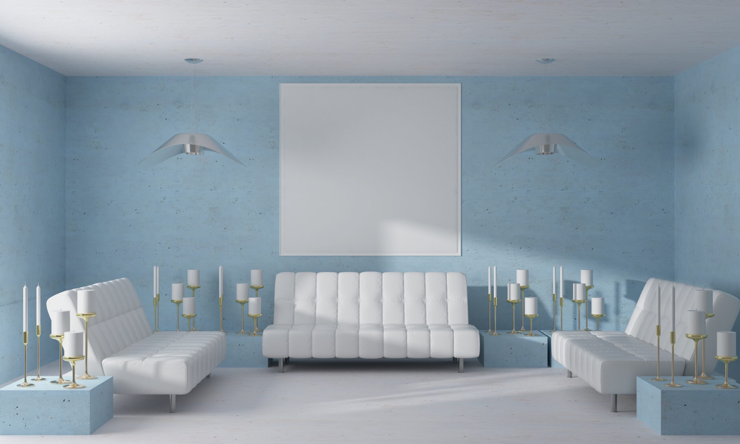 The living room consists of a sofa chair and a picture frame on the wall.